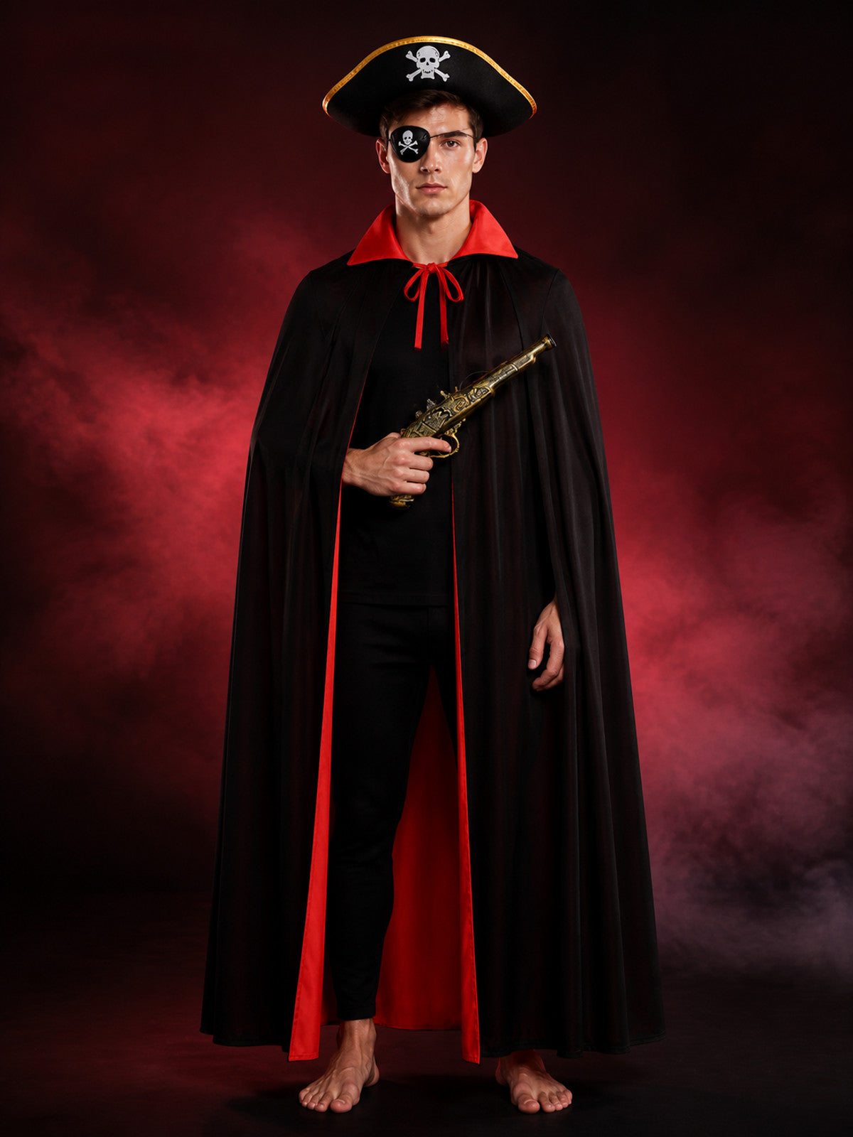 Pirate Costume Set, Black Red Double-Sided Cape with Skull Hat, Eye Patch and main product view