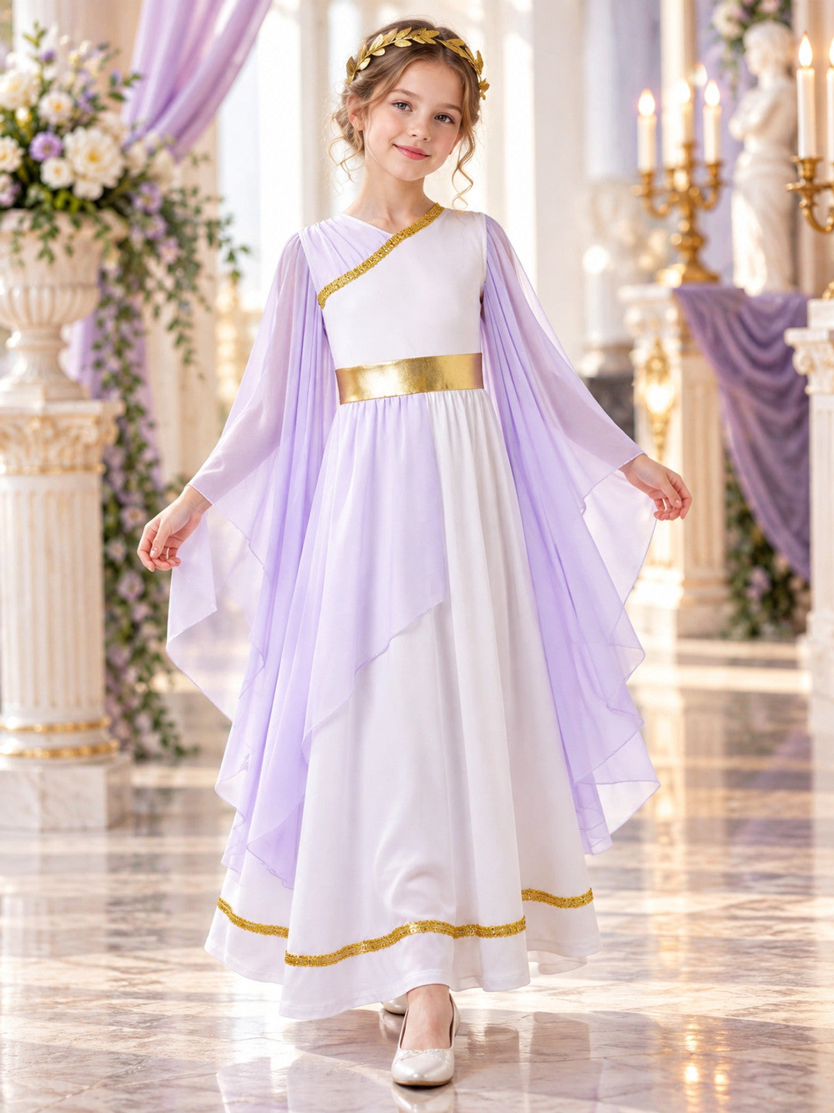 Greek-Style Dress with Draping and Gold Trim