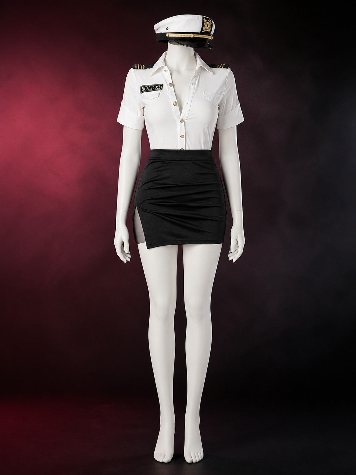 Women's Police Officer Costume Set, White Short Sleeve Top & Black Skirt with main product view