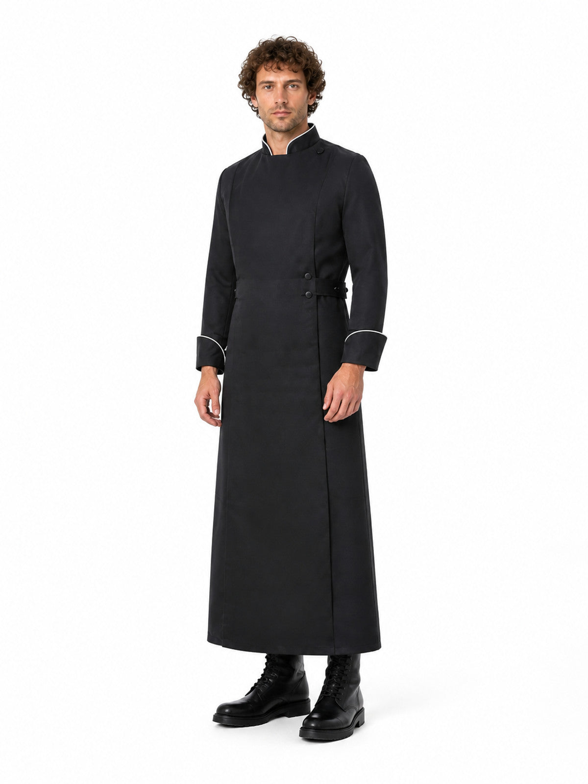 Long Black Robe with Stand Collar and White Trim