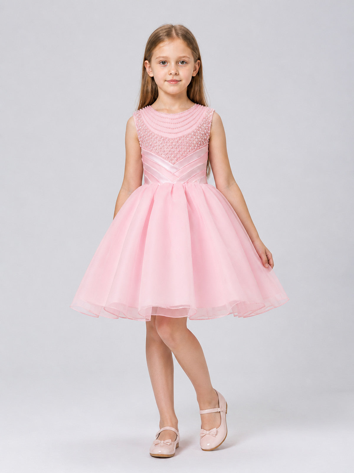Festive Girls' Full Dress with Pearl Embellishment Costume Dresses detail
