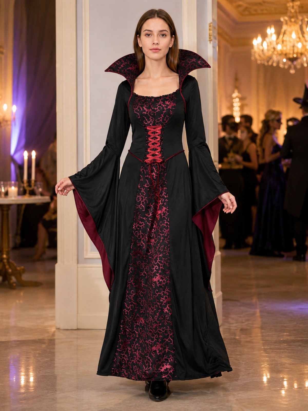 Floor-Length Gothic Dress with Red Pattern lifestyle view