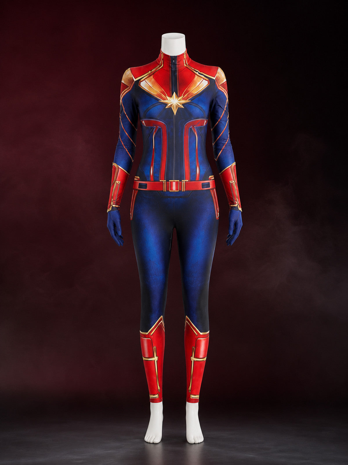 Adult Captain Marvel Bodysuit Costume, Long Sleeve High Neck Red Blue Gold