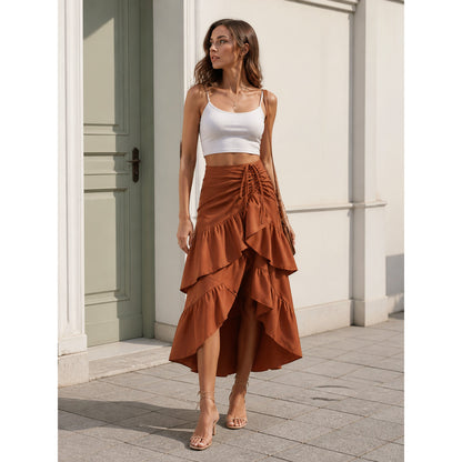Long Brown Skirt with a High Waist and Tiered Ruffles