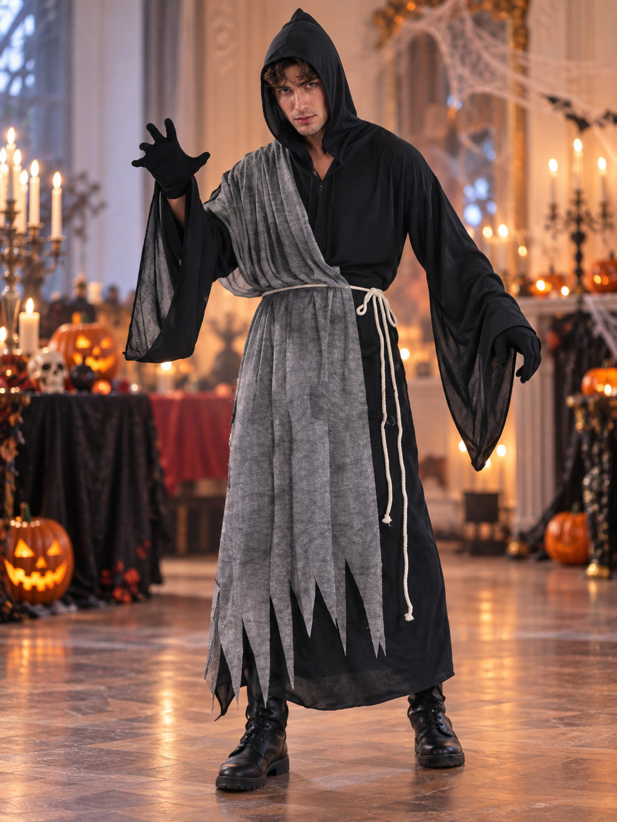 Vampire Halloween Costume with Hood and Gray Cape