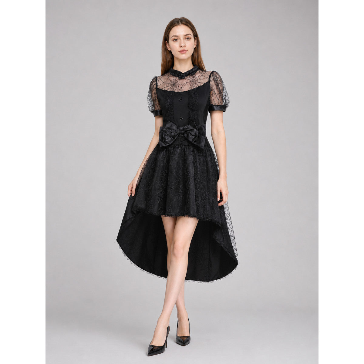 Black Witch Dress with Bow and Lace Insert