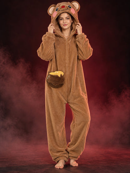 Brown Zip-Up Hooded Pajama Jumpsuit with Bear Face