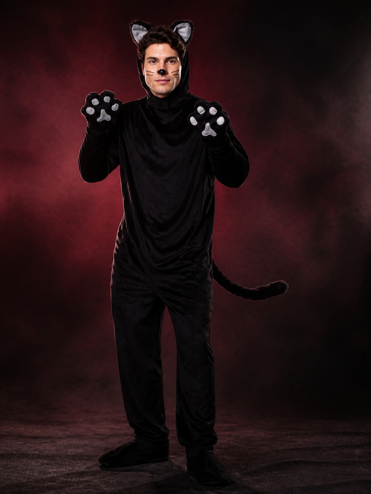Black Cat Animal Jumpsuit Costume, Cat-Ear Hood, Tail and Paw Print Details main product view