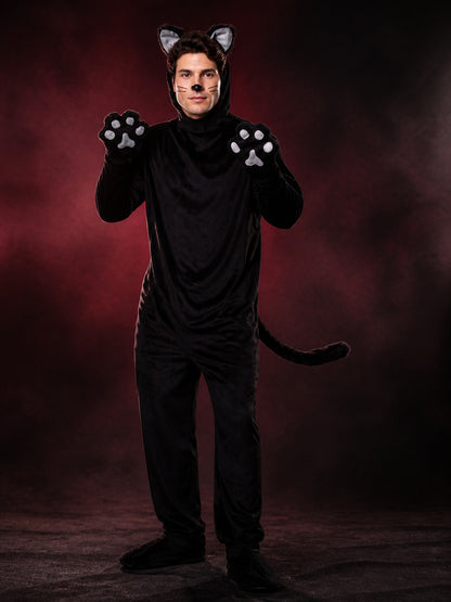Black Cat Animal Jumpsuit Costume, Cat-Ear Hood, Tail and Paw Print Details main product view