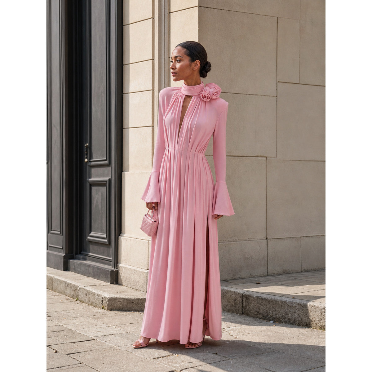 Women's Long Draped Dress with Flowers