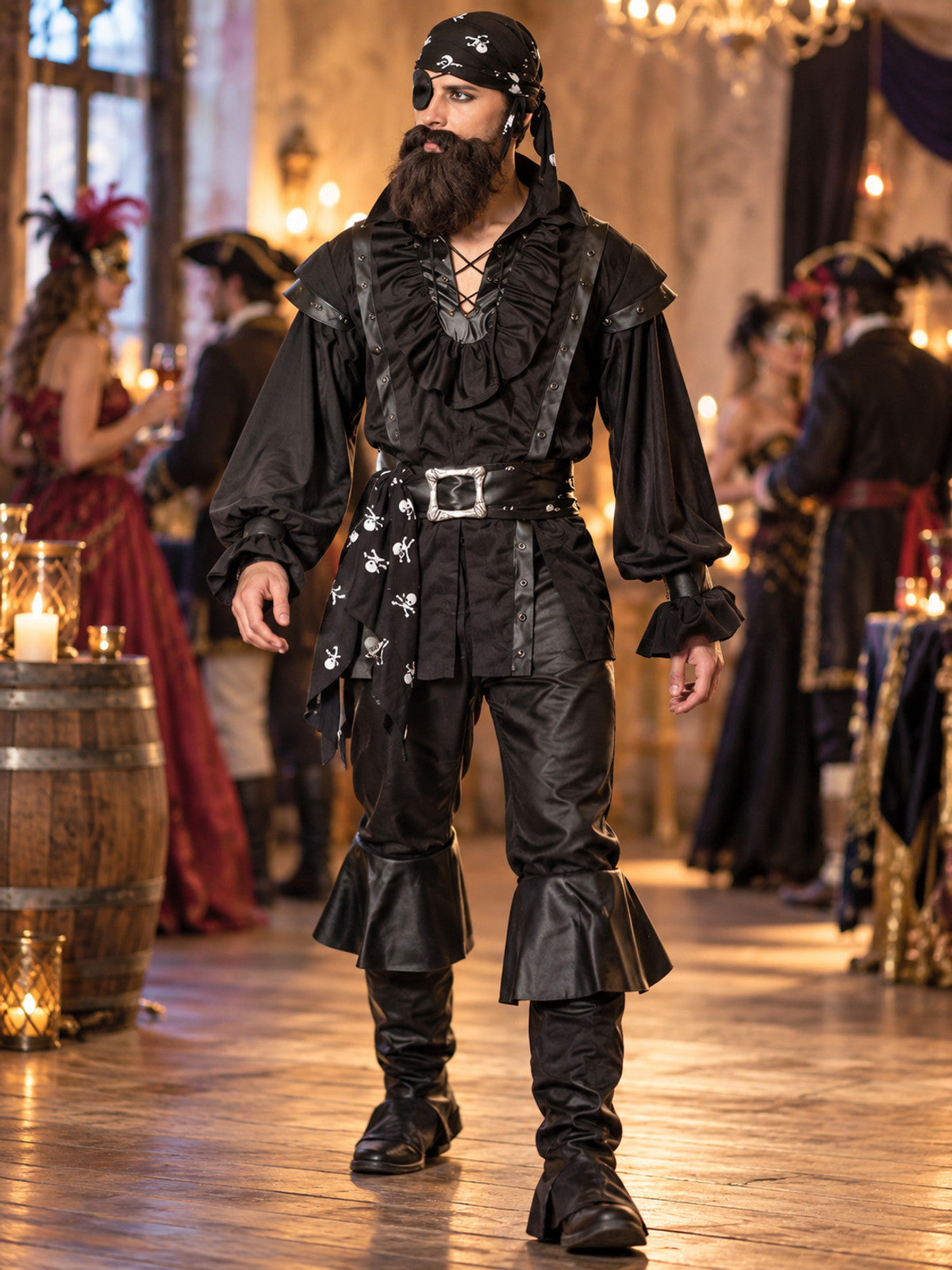 Black Pirate Costume with Beard, Eye Patch and Belt