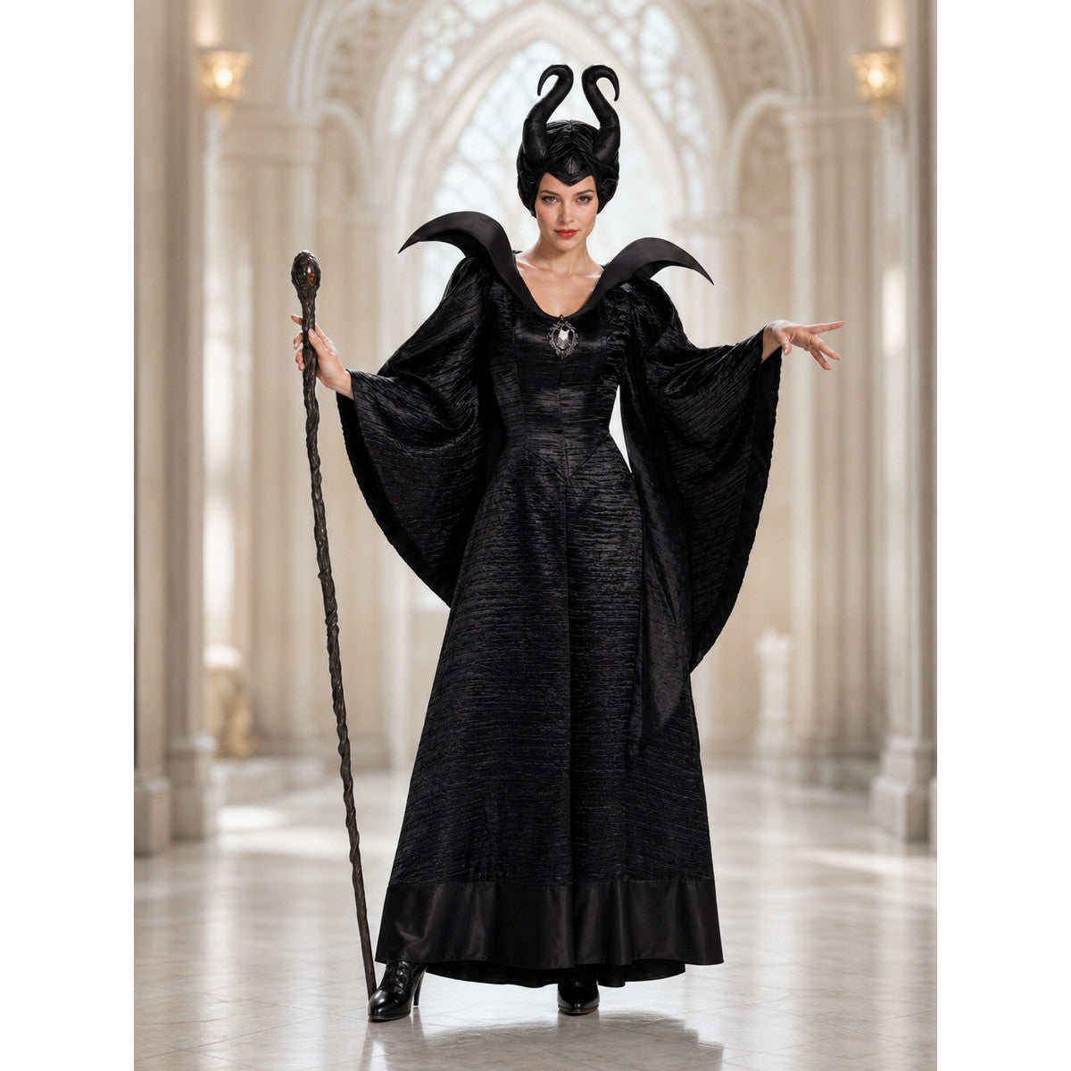 Black demon costume with horned headpiece lifestyle view