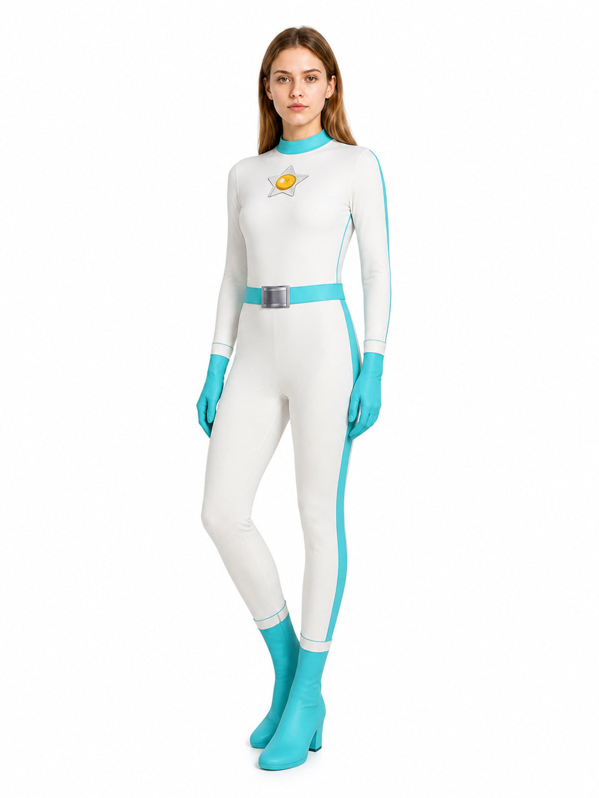 Princess Peach Cosplay Jumpsuit, White with Turquoise Costumes detail