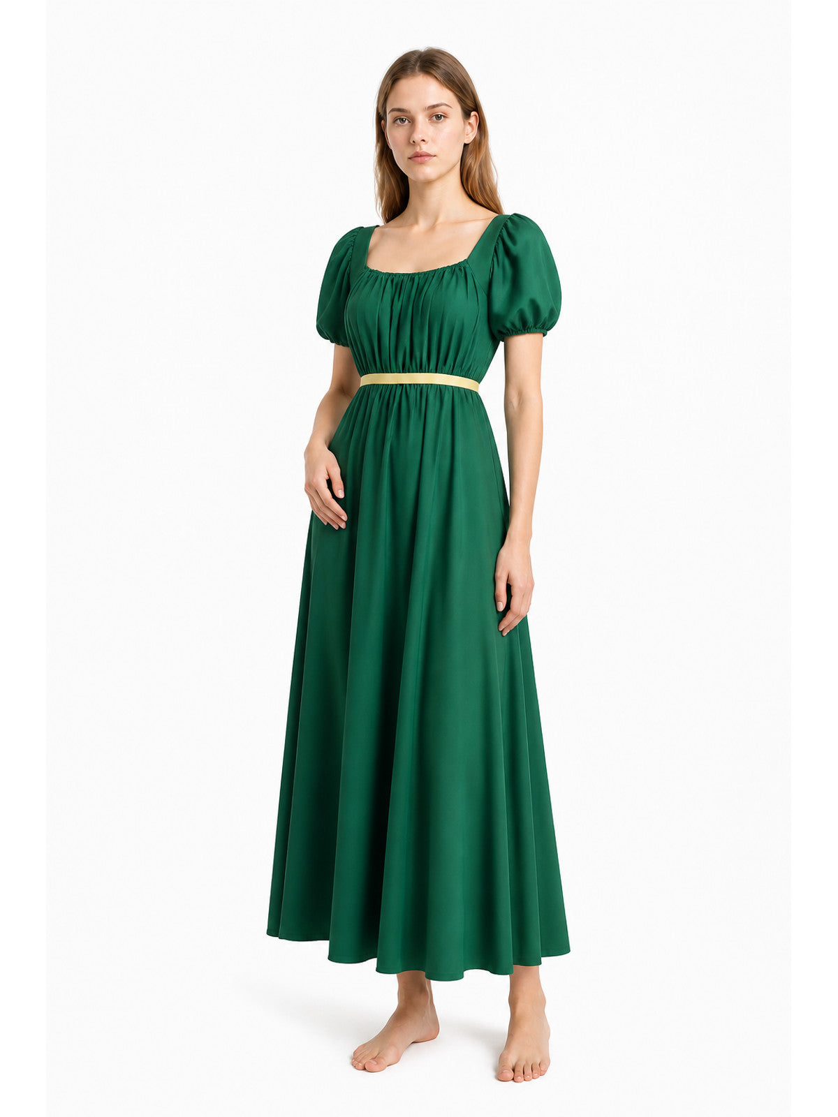 Long Dark Green Dress with Belt and Puff Sleeves