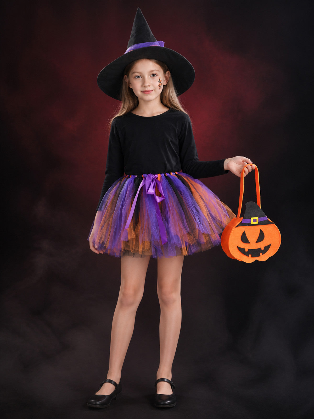 Kids' Halloween Witch Costume Set, Layered Skirt, Hat, Pumpkin Candy Bag & Face