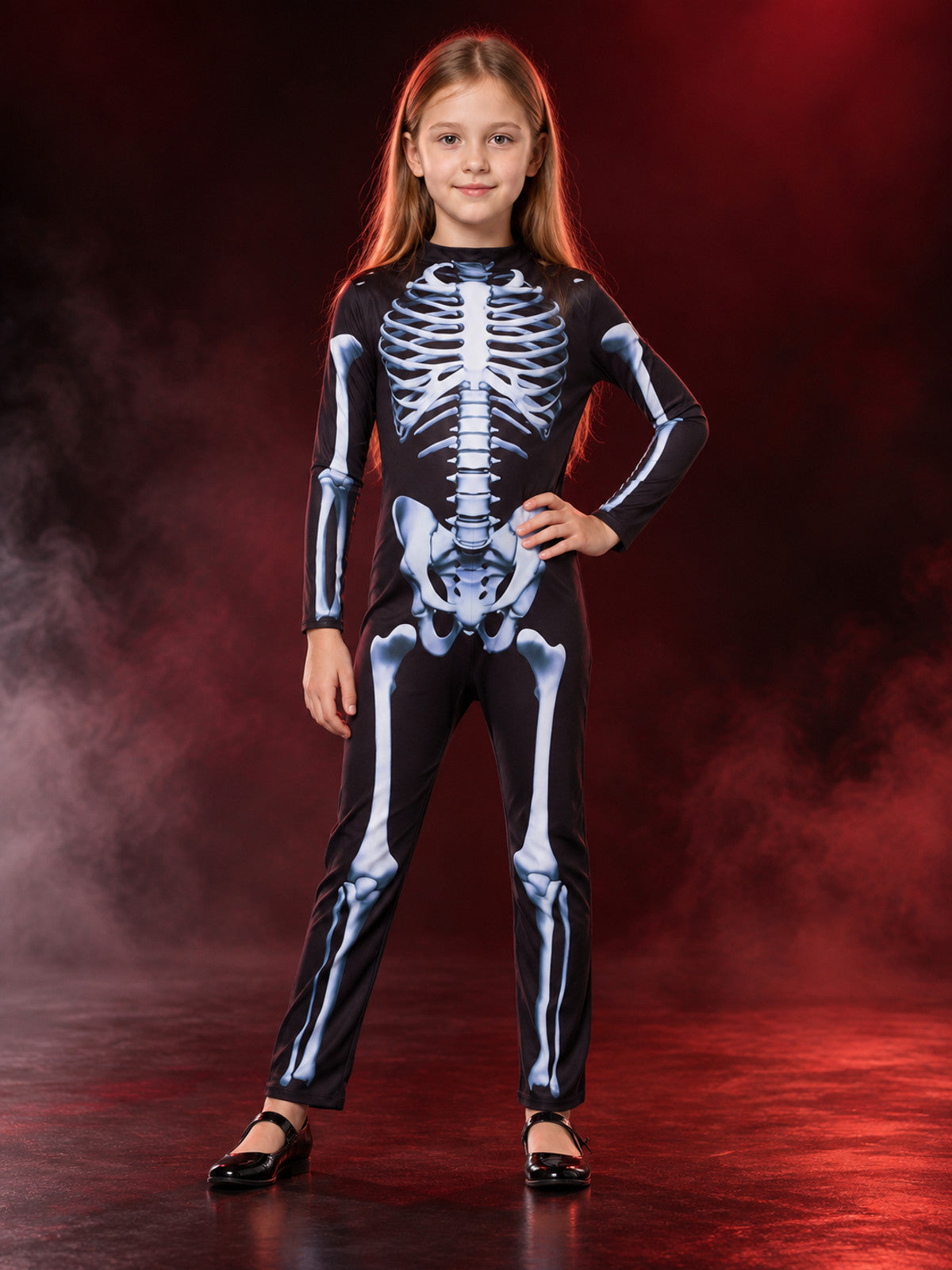 Kids' Skeleton Costume Black Jumpsuit with White Print