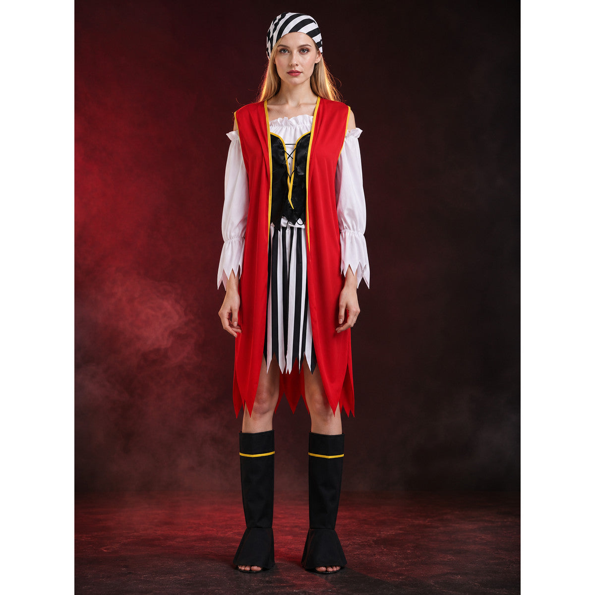 Women's Pirate Costume Set with Striped Dress, Red Cape, Headscarf and Boot main product view