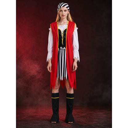 Women's Pirate Costume Set with Striped Dress, Red Cape, Headscarf and Boot main product view