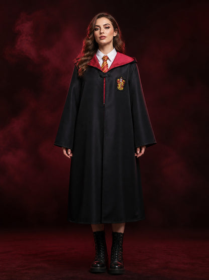 Gryffindor Wizard Robe Costume Set, Black Hooded Cape with Red & Gold Tie
