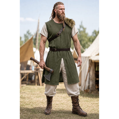Sleeveless cotton and linen tunic with fur trim lifestyle view