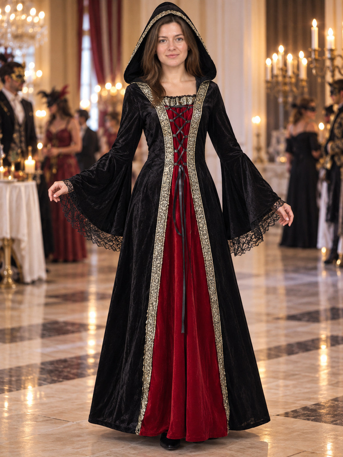 Witch Costume Dress with Hood and Lace Cuffs