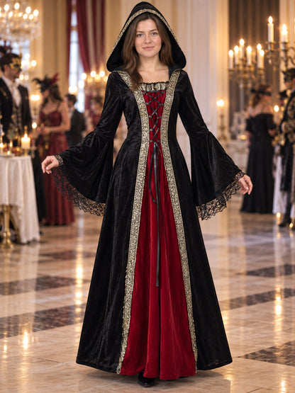 Witch Costume Dress with Hood and Lace Cuffs