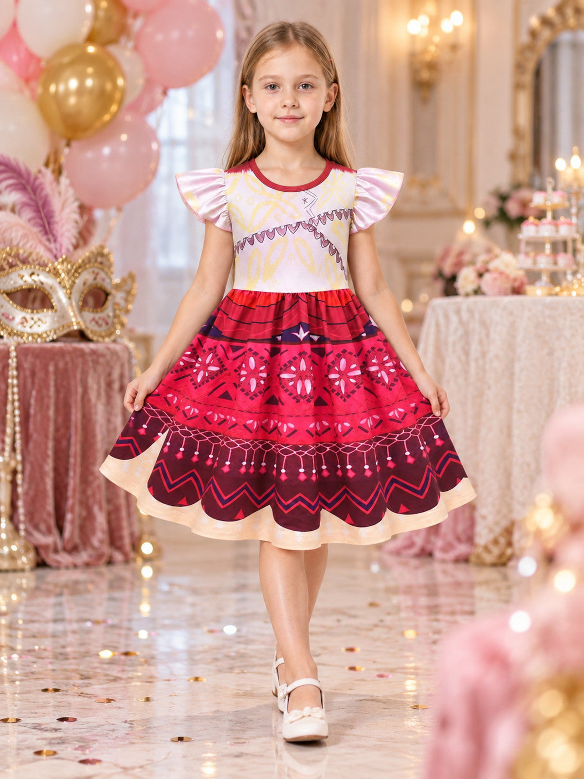 Girls' Dress with Ruffles and Geometric Print