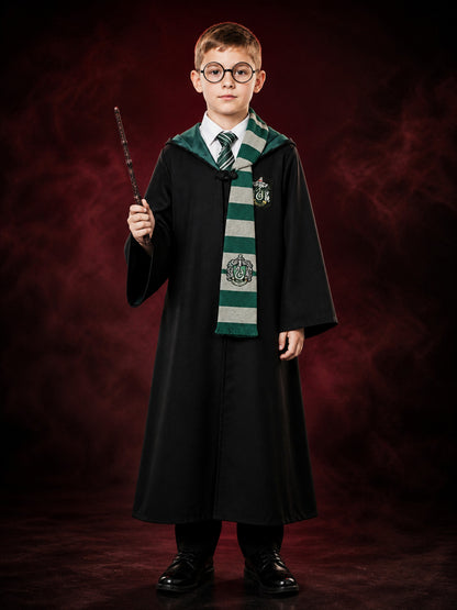 Kids Wizard Costume Set, Black Hooded Robe with Green Striped Scarf, Tie, Wand &