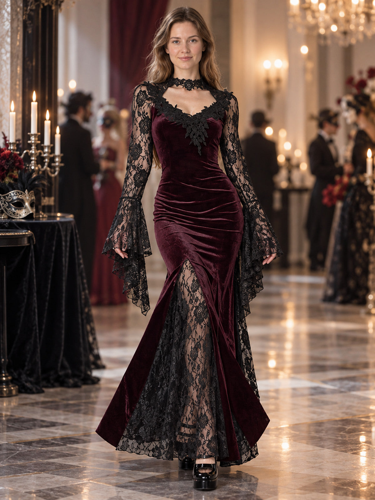 Long burgundy dress with black lace and appliqué
