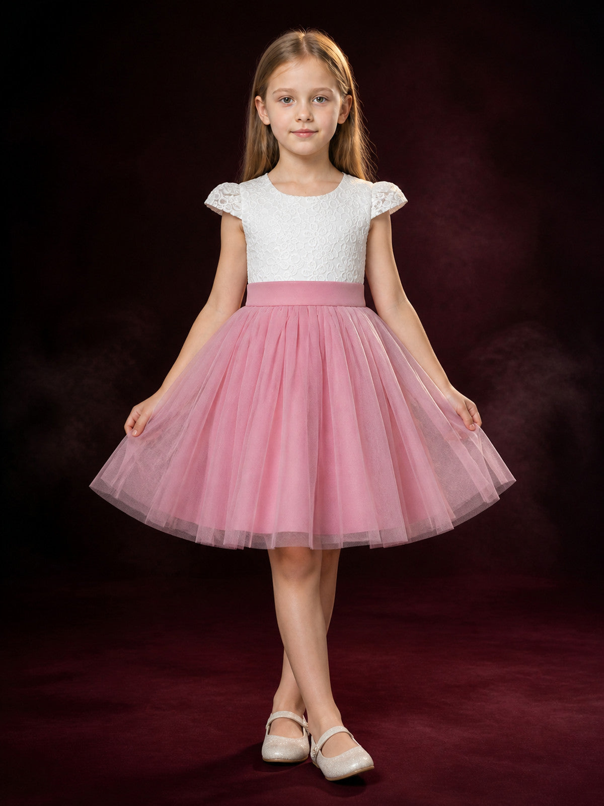 Girls' Princess Dress, Lace Bodice, Layered Tulle Skirt, Flutter Sleeves And Bow main product view