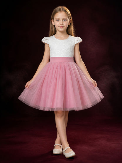 Girls' Princess Dress, Lace Bodice, Layered Tulle Skirt, Flutter Sleeves And Bow main product view