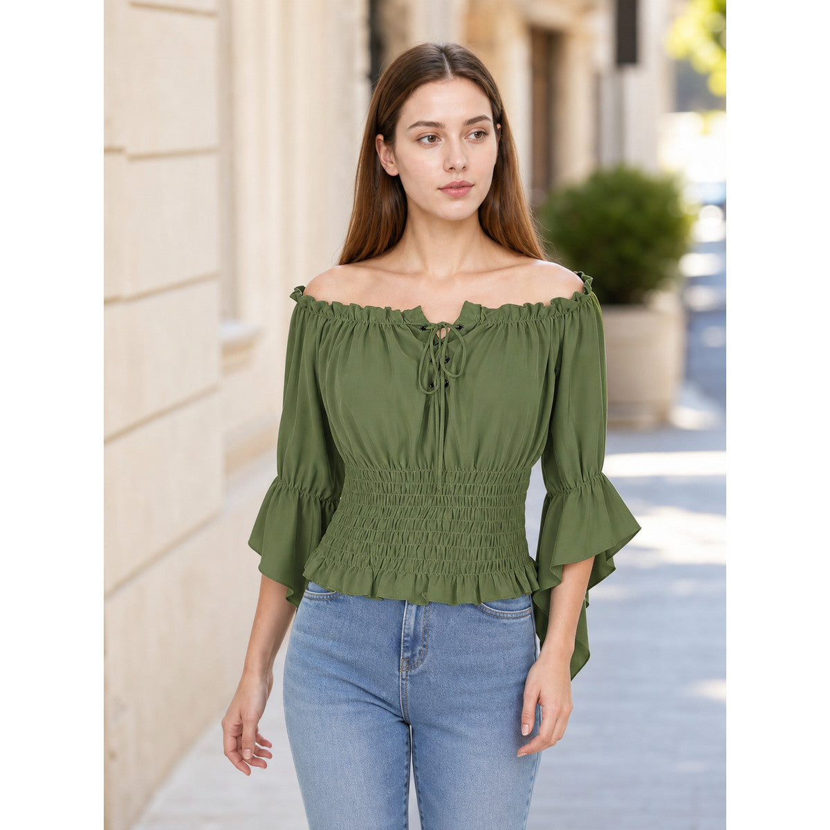 Off-the-Shoulder Blouse with Lacing