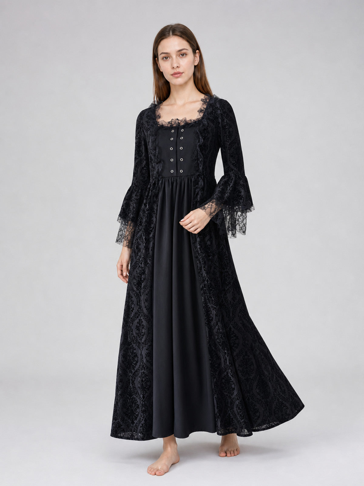Gothic Vintage Maxi Dress with Lace Trim