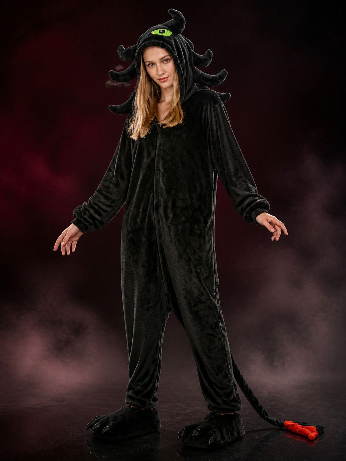 Black Dragon Hooded Full-Body Jumpsuit Costume With Horns And Tail main product view