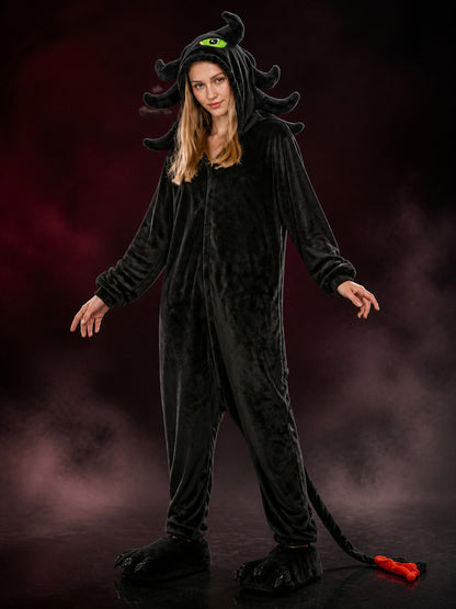 Black Dragon Hooded Full-Body Jumpsuit Costume With Horns And Tail main product view