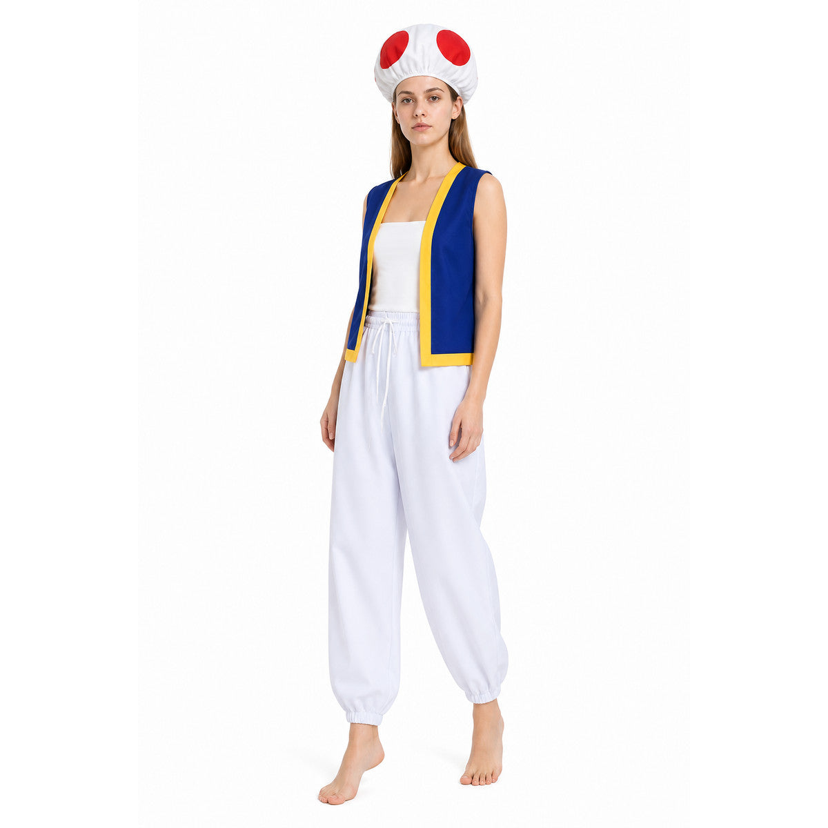 Toad Costume with Mushroom Hat, Vest, and Pants Costume Headwear detail
