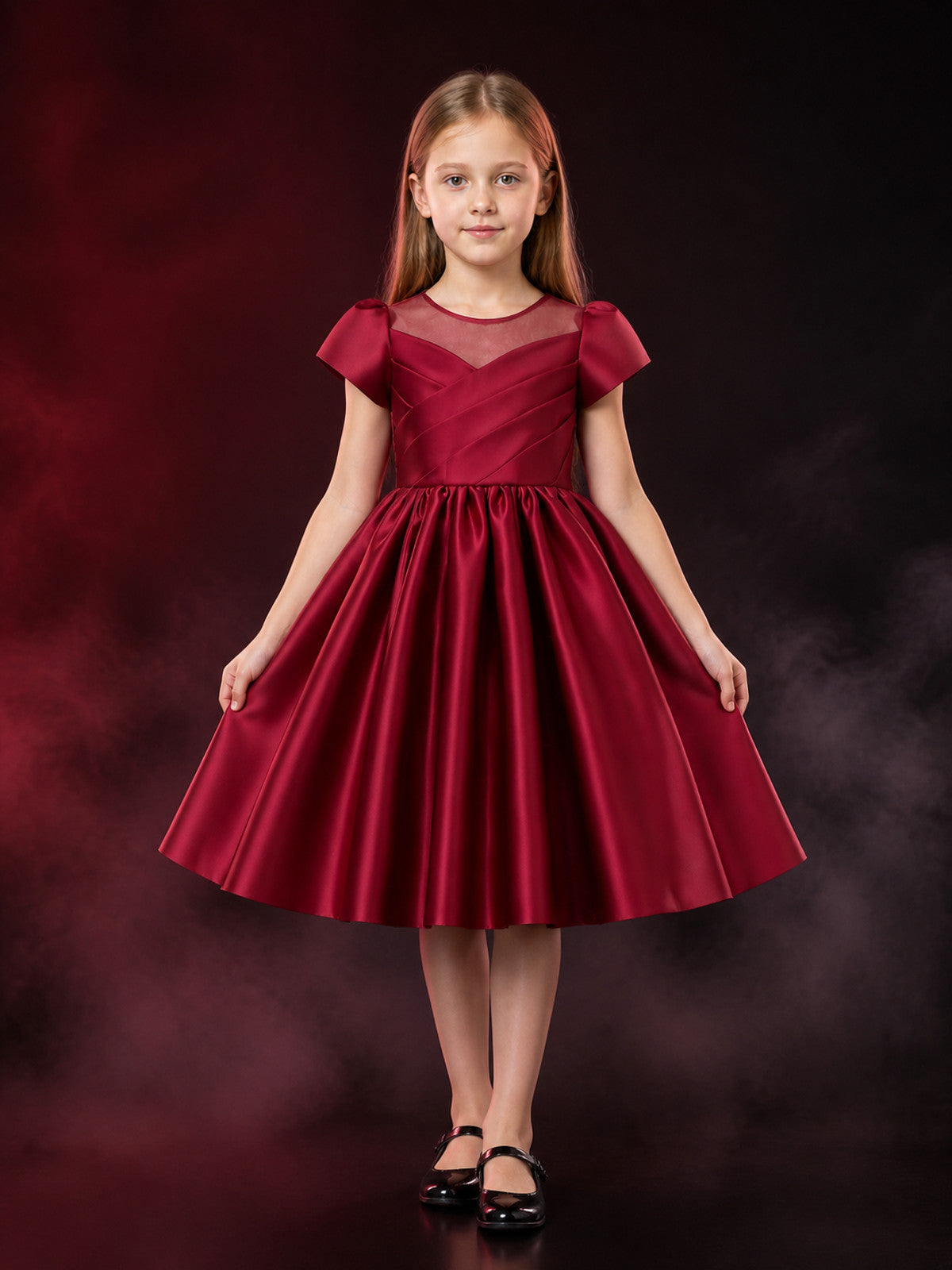 Girls' Burgundy Princess Dress, Short Sleeve Bow Detail Puff Skirt Gown main product view