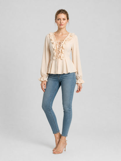 Cream Ruffled Lace-Up Renaissance Blouse product detail