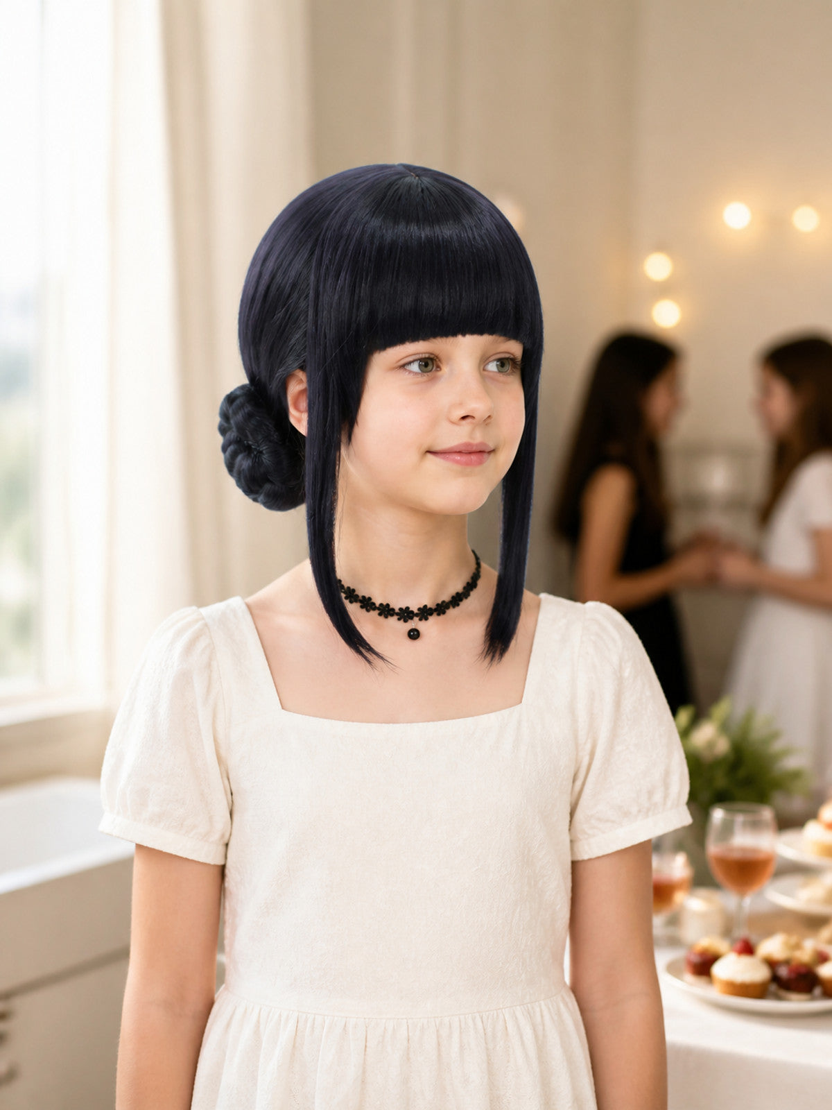 Black Cosplay Wig with Double Buns and Bangs