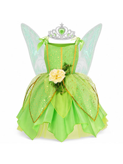 Girls' Green Forest Princess Dresses Fairy Elf Skirt Summer Glitter Mesh