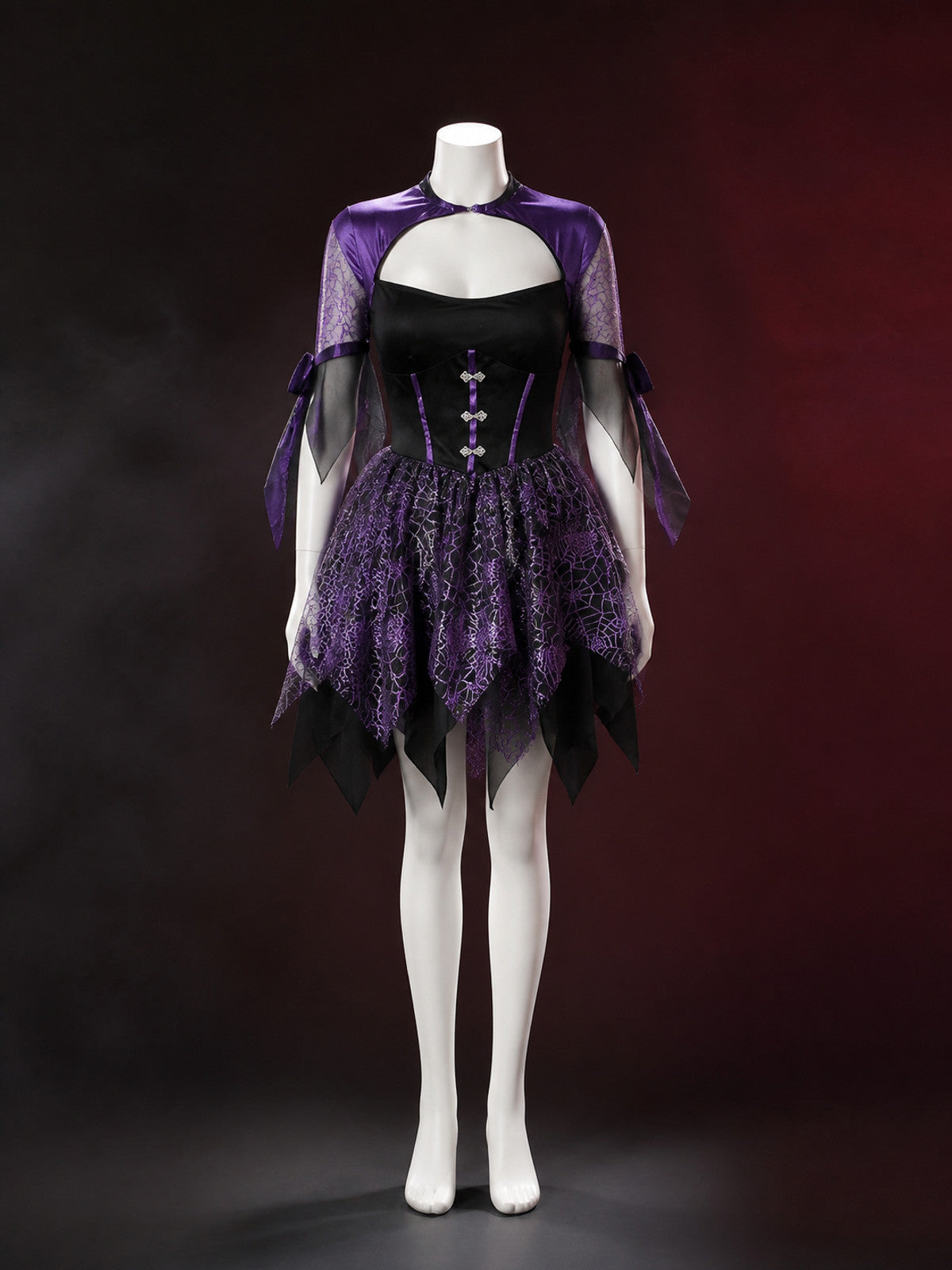 Black And Purple Witch Costume Dress With Spiderweb Print And Asymmetrical Hem main product view