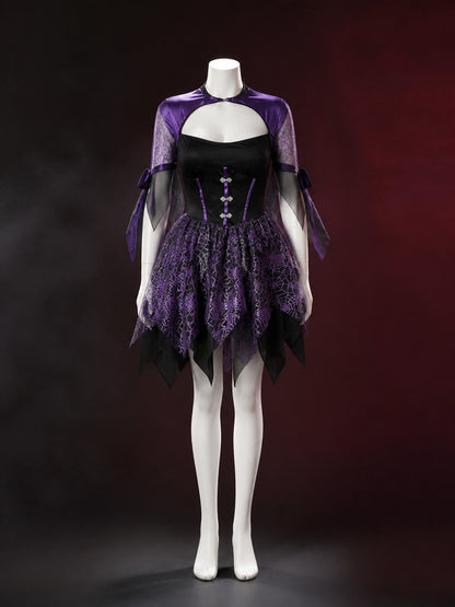 Black And Purple Witch Costume Dress With Spiderweb Print And Asymmetrical Hem main product view