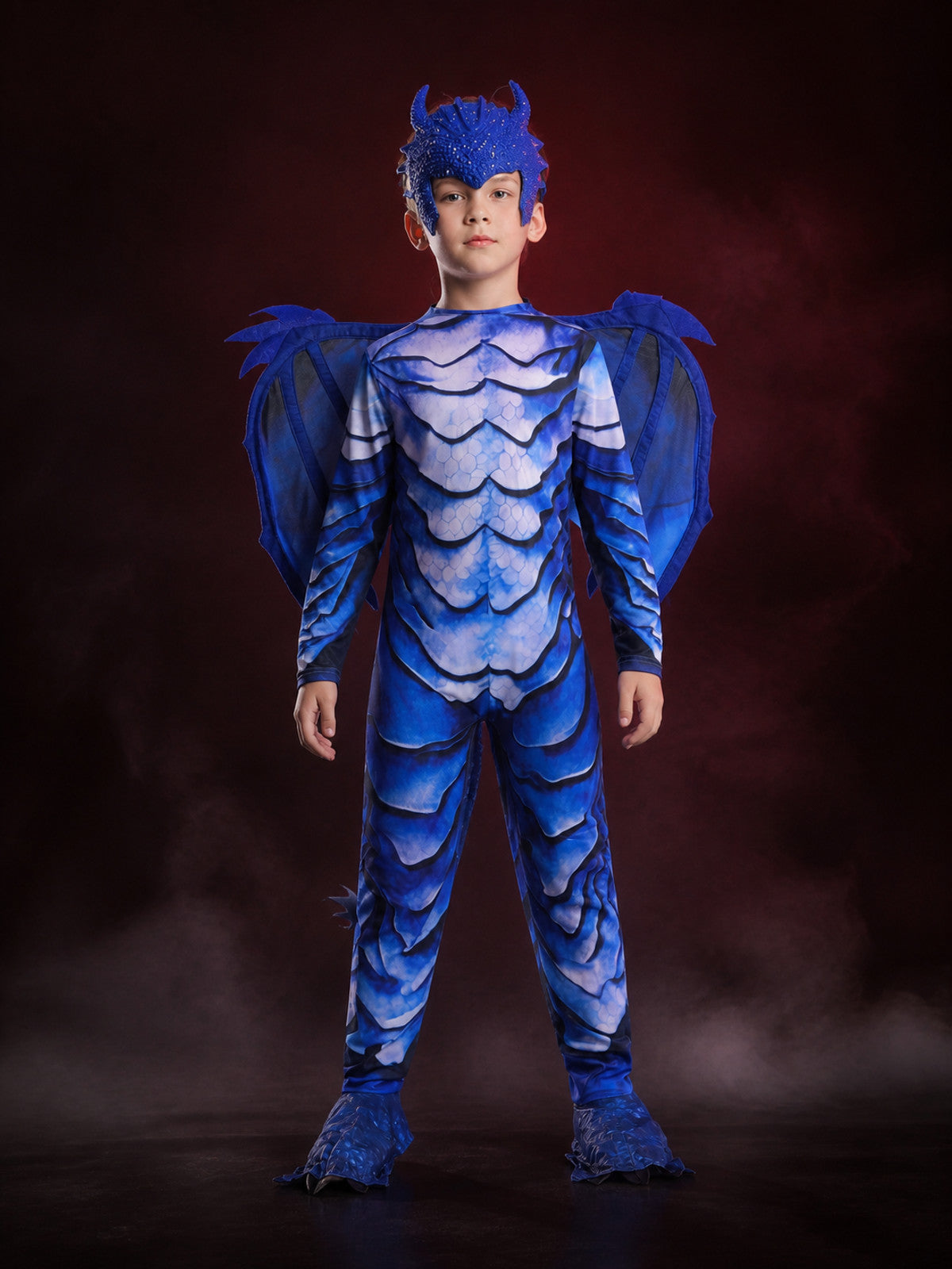 Kids' Ice Dragon Costume, Blue Dragon Bodysuit with Wings, Horns & Tail main product view