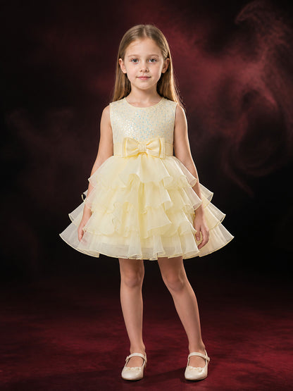 Baby Girls Princess Dress, Sleeveless Layered Tulle Skirt with Bow and Sequin main product view