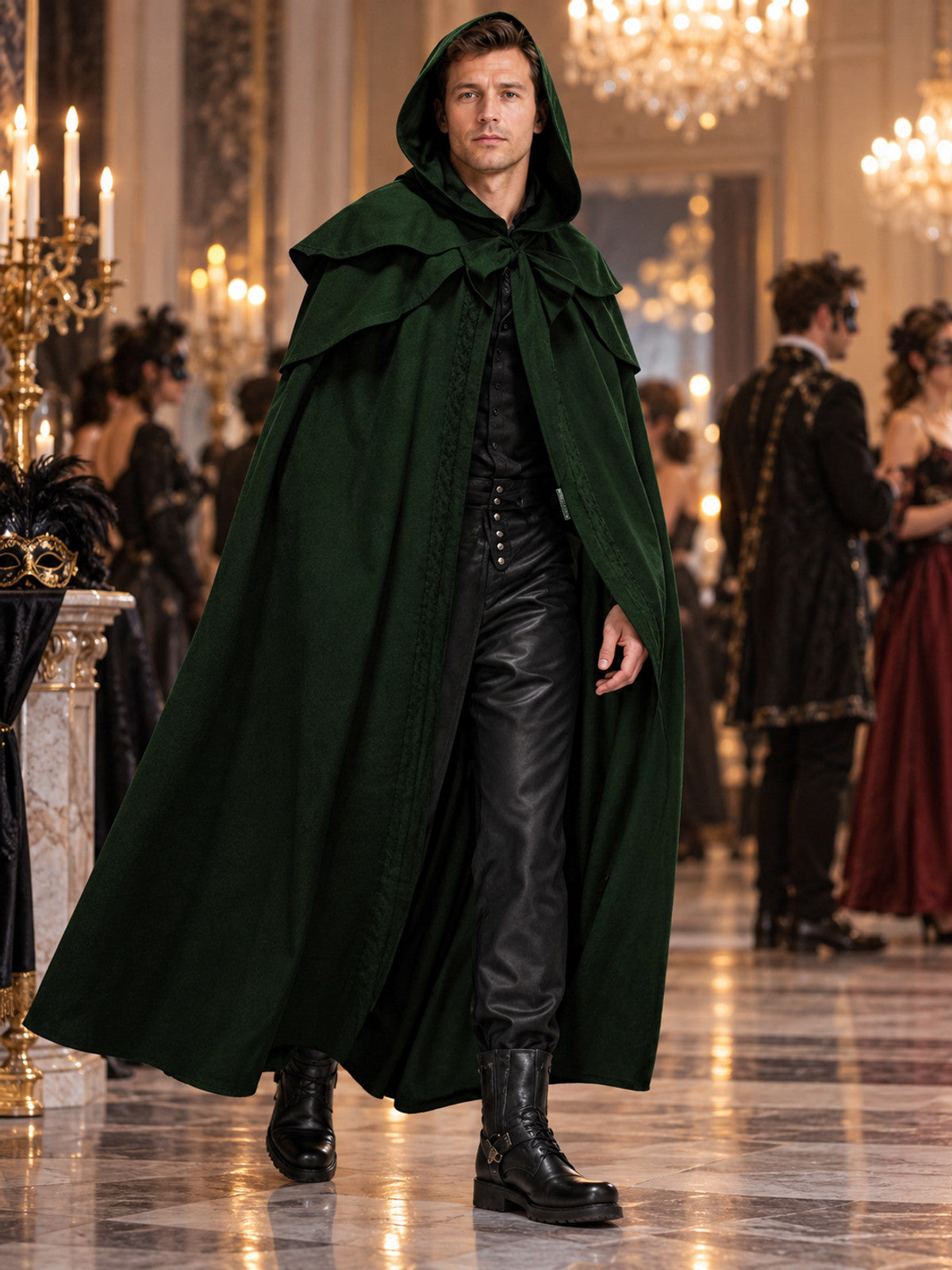 Long Loose-Fit Hooded Cloak Cape Dark Green