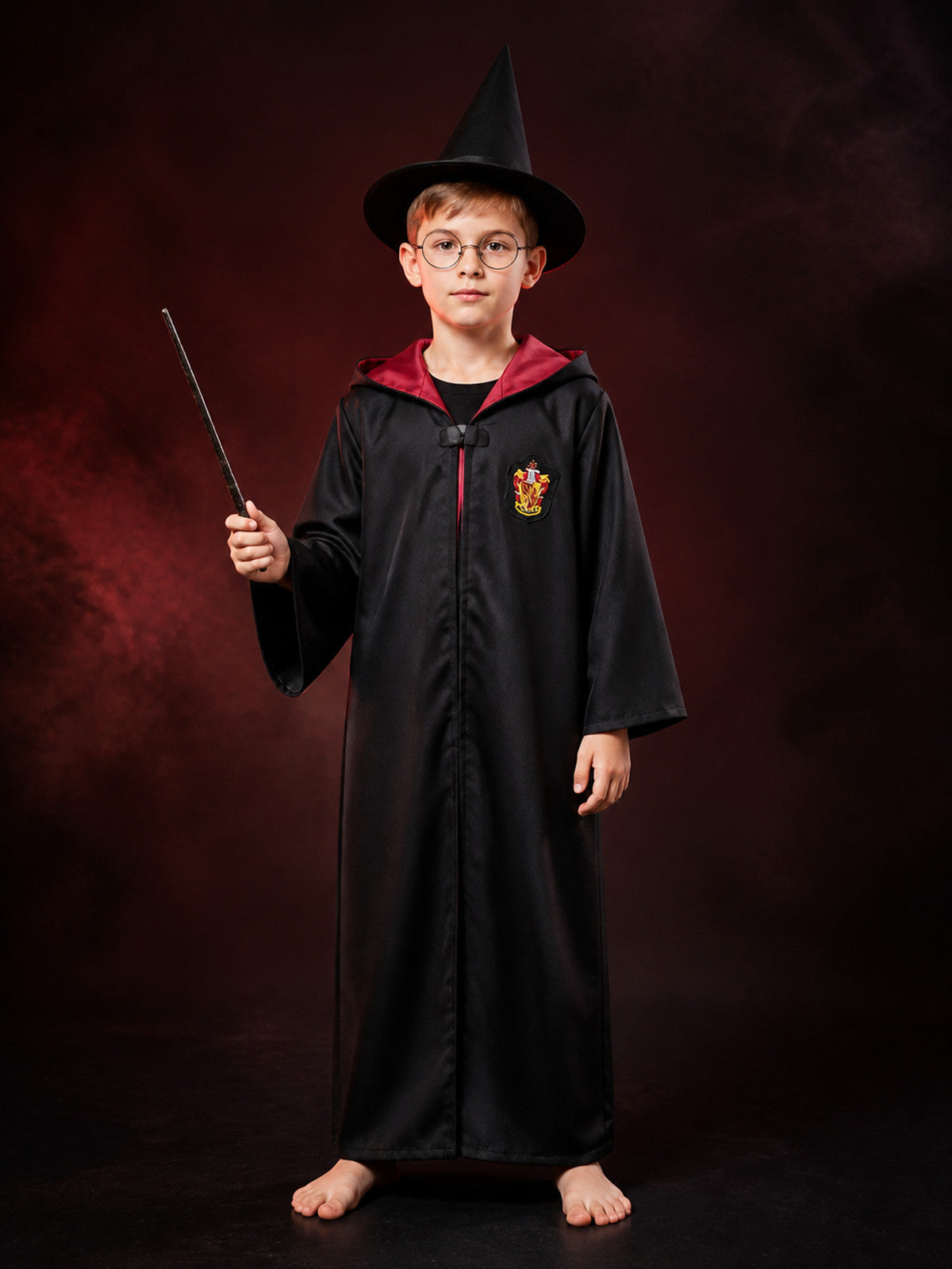 Kids Wizard Robe Costume Set, Hooded Black Cloak With Pointed Hat and Glasses main product view