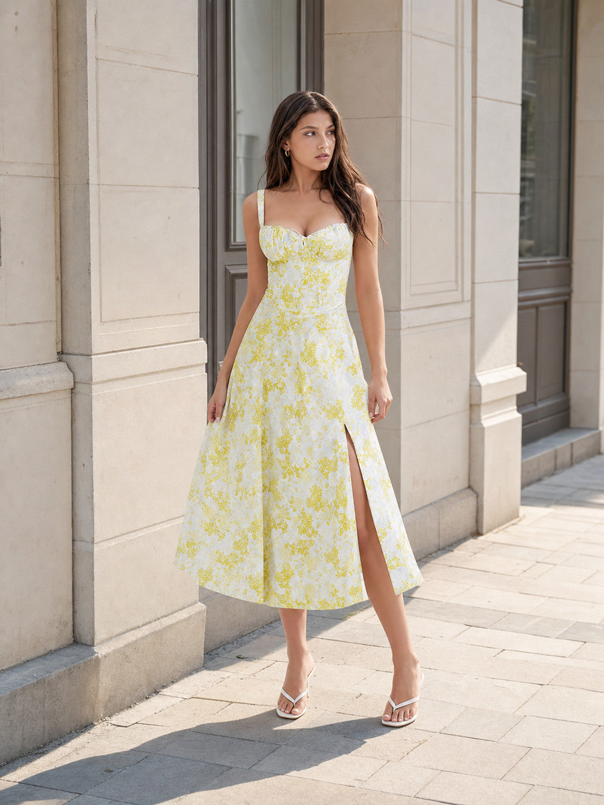 Women's midi dress with straps and yellow flowers Costume Dresses detail