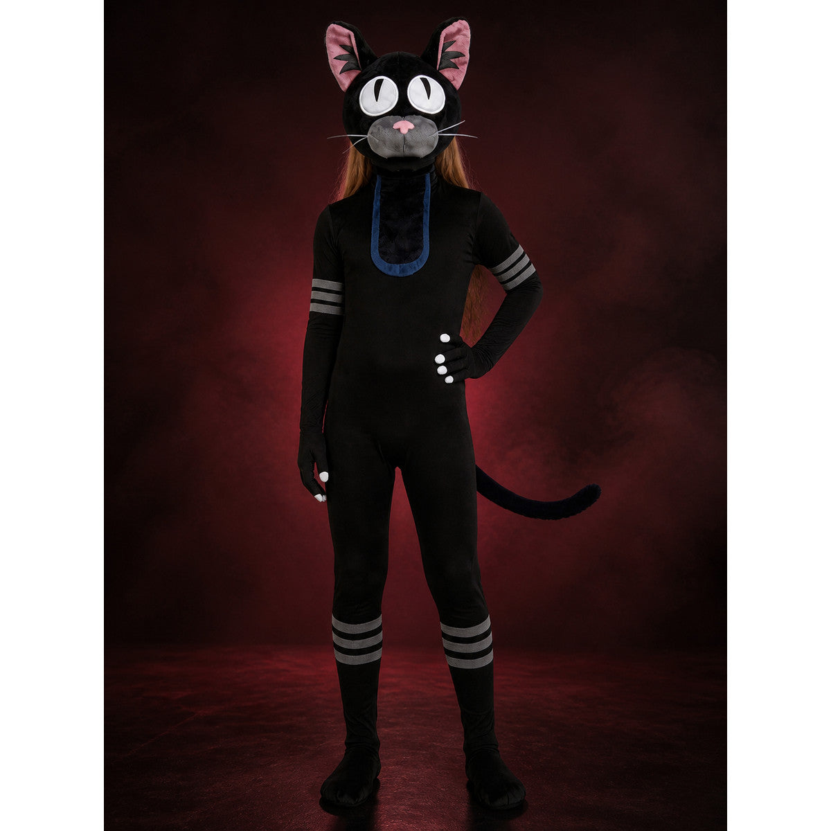 Black Cat Hooded Bodysuit Costume with Tail, Stripe Details main product view