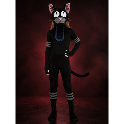 Black Cat Hooded Bodysuit Costume with Tail, Stripe Details main product view