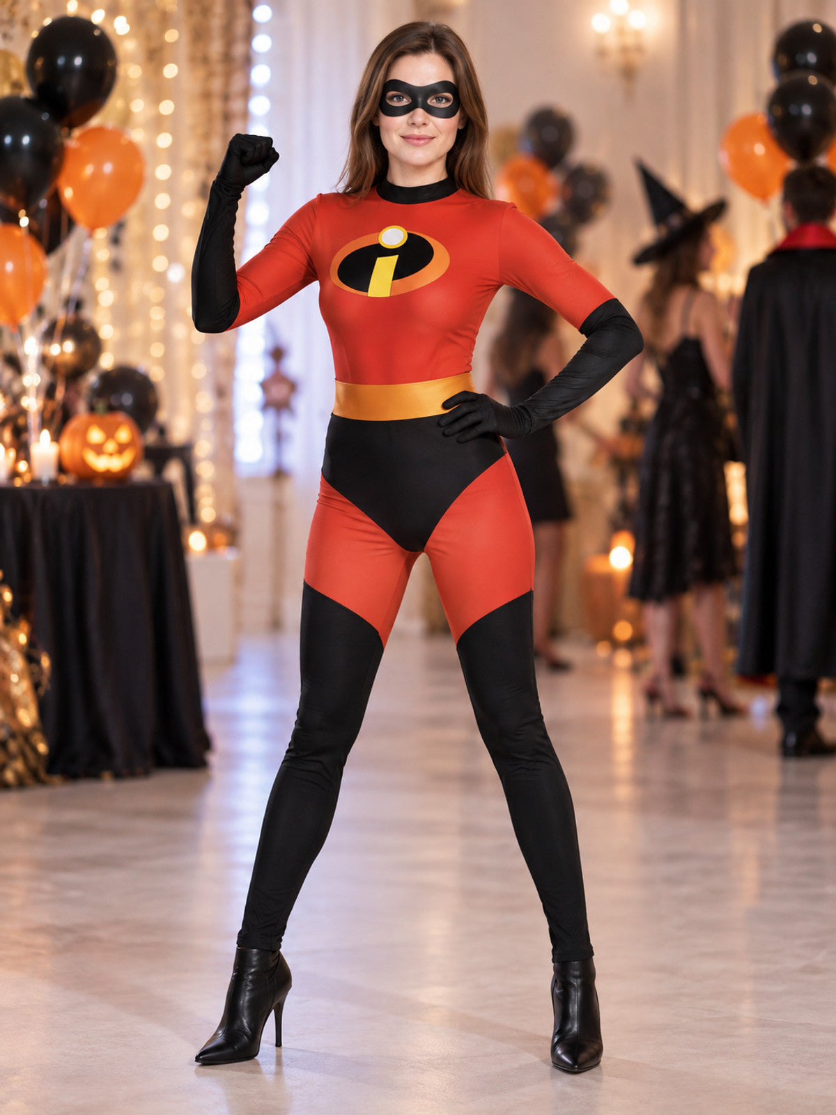 Red and black superhero costume with mask and yellow belt